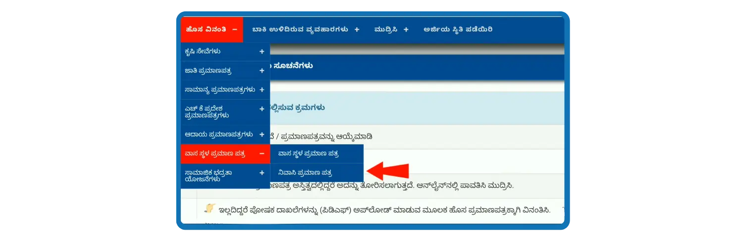 Select Domicile Certificate option in Nadakacheri services menu